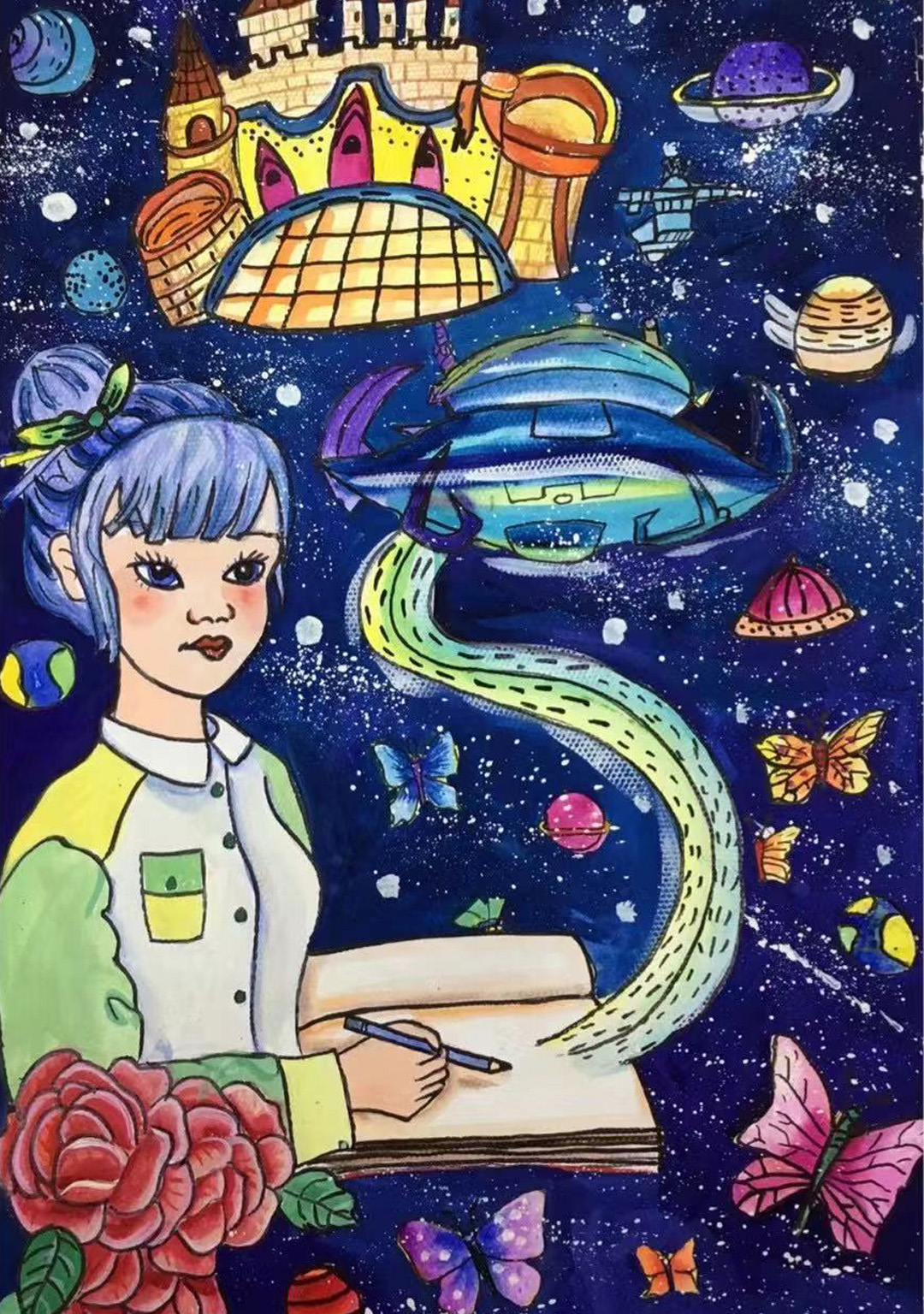 航天日绘画作品《我的蓝色梦想——新时代下的智能宇宙飞船》,北京市平西府中心小学蒋方舟 航天日绘画作品《我的蓝色梦想——新时代下的智能宇宙飞船》,北京市平西府中心小学蒋方舟